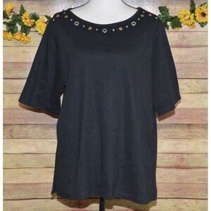 Quacker Factory Ladies XL Short Sleeve Studded Pullover Black Blouse Knit Top